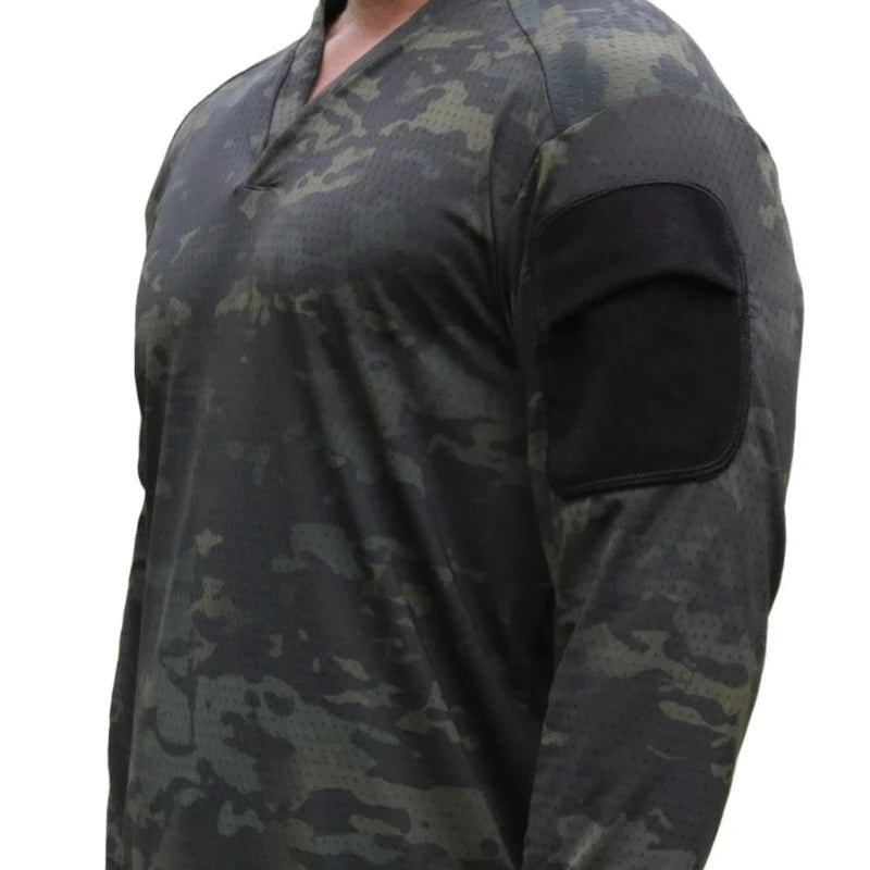 Detail shot of the Velocity Systems BOSS Rugby Long Sleeve Combat Shirt showing the modern low-profile collar and articulated sleeve design. Built for tactical performance, range training, and law enforcement operations, this lightweight long sleeve base layer features 4-way stretch nylon-spandex fabric, Odorexx™ antimicrobial control, and dual sleeve pockets for professional functionality and comfort in the field