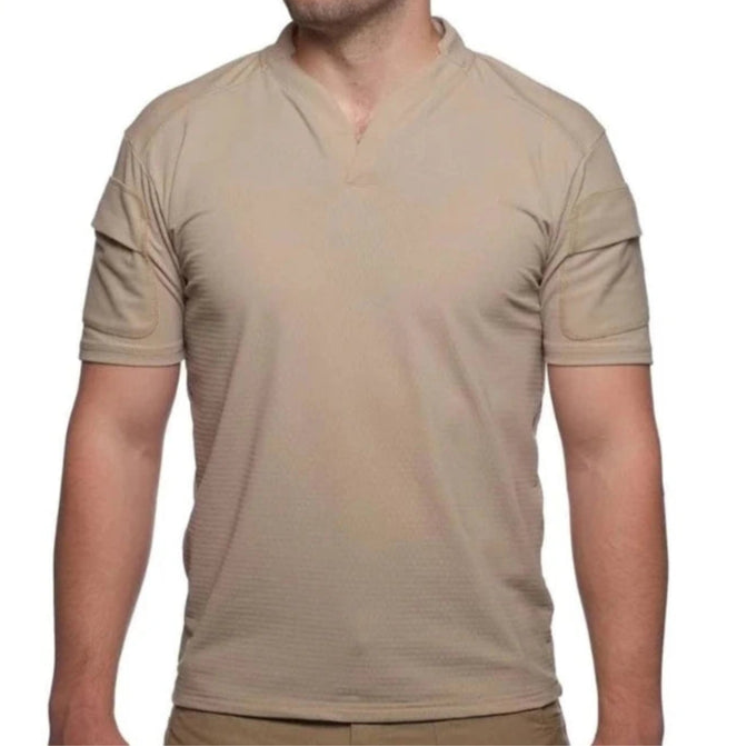 Front view of the Velocity Systems BOSS Rugby Short Sleeve Combat Shirt in Tan, a USA-made tactical range top built for sheriff and law enforcement use. Features 4-way stretch nylon-spandex, UV protection, and moisture-wicking tech for duty and training.