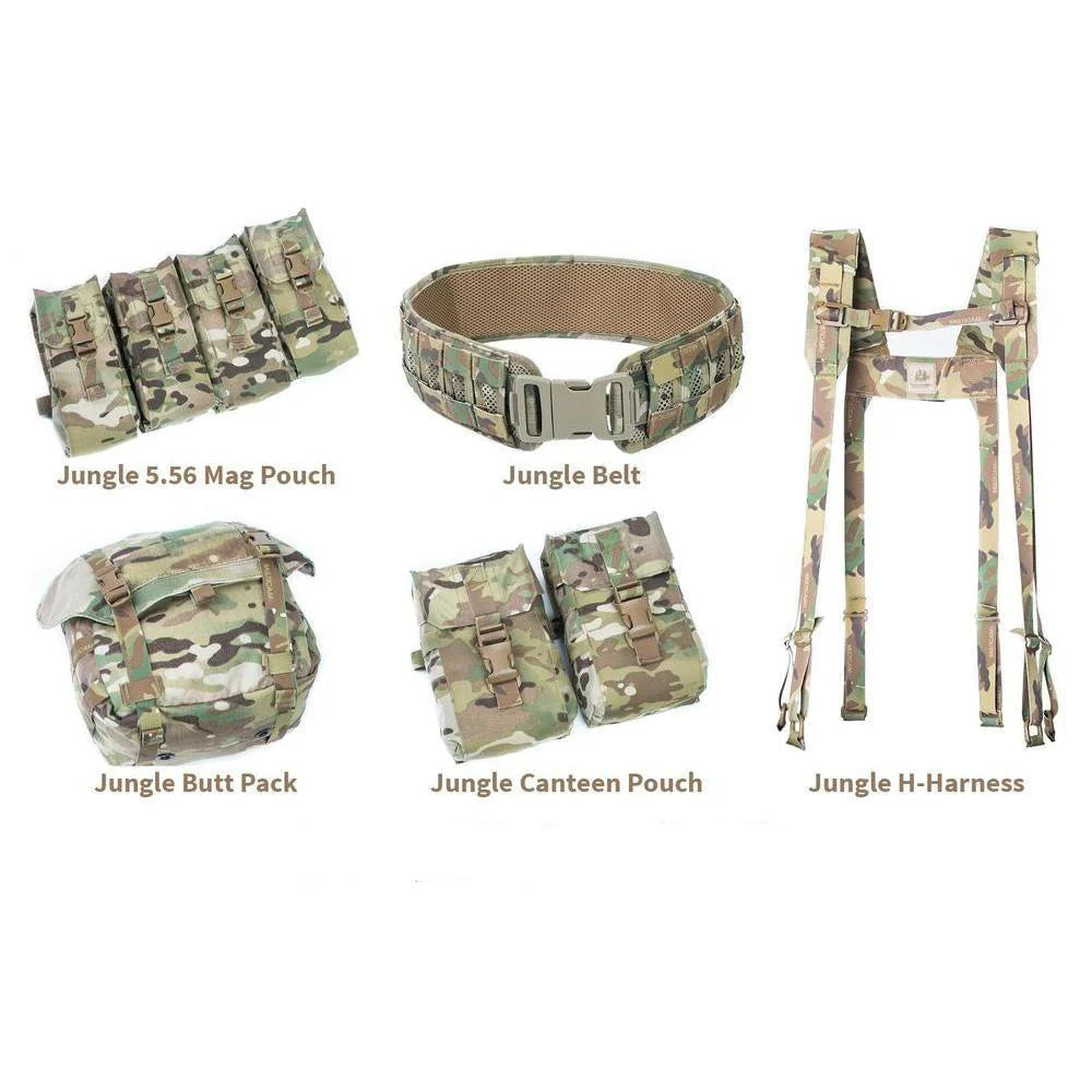 Velocity Systems Jungle Butt Pack with a fully broken-out loadout, displaying the individual gear components and equipment carried inside the compact tactical utility pack.