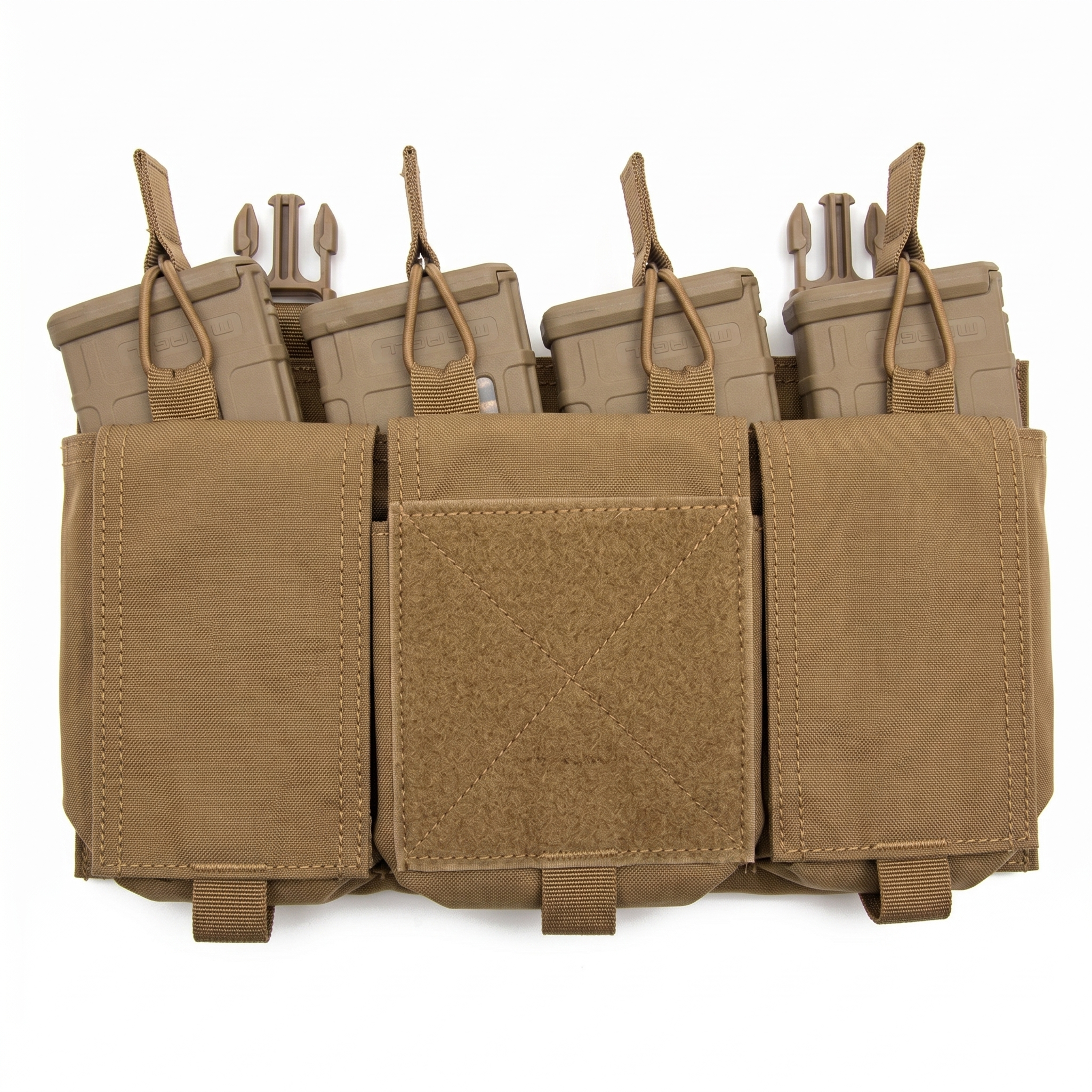 Coyote Brown Velocity Systems Quad 5.56 SwiftClip Placard GP designed to carry four rifle magazines and additional mission-essential gear.