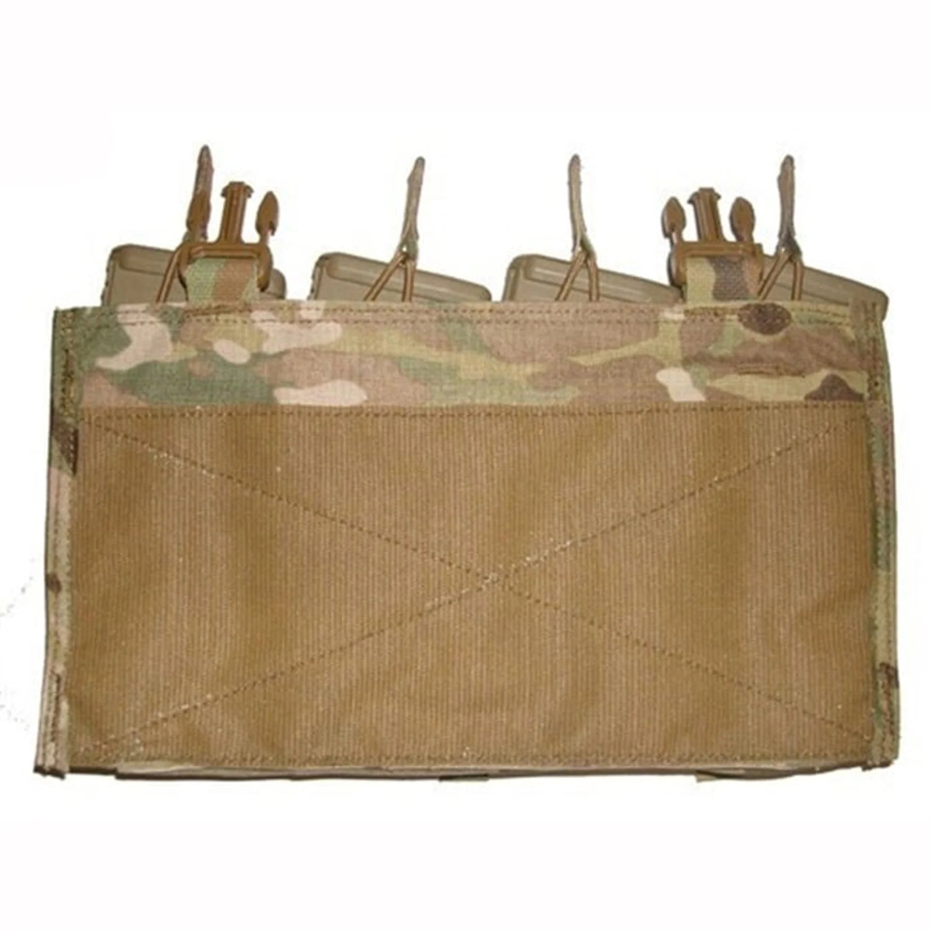 Rear view of Velocity Systems Quad 5.56 SwiftClip Placard GP in MultiCam showing hook and loop backing panel with four 5.56 magazines inserted, SwiftClip compatible placard designed for secure plate carrier mounting and modular loadout configuration
