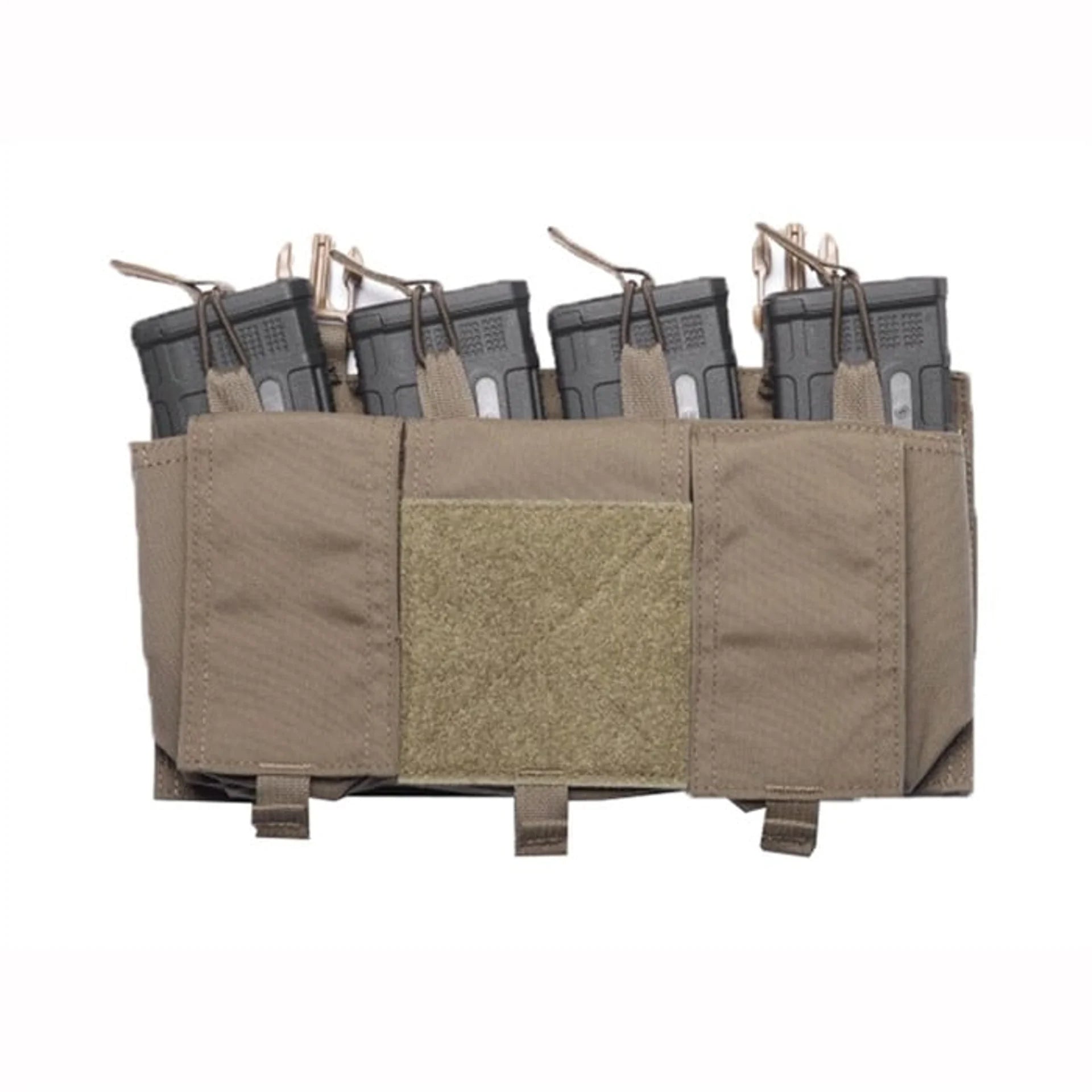 Velocity Systems Quad 5.56 SwiftClip Placard GP in Ranger Green loaded with four 5.56 magazines, front angle product view showing GP storage pouches and SwiftClip compatible modular chest rig design for tactical plate carrier setups