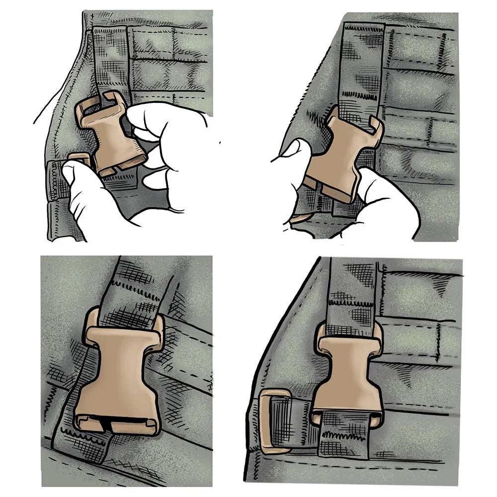 Step-by-step illustration showing the installation process for the Velocity Systems SwiftClip Kit, demonstrating how the side release buckles weave through MOLLE webbing and secure to compatible plate carriers and chest rigs.