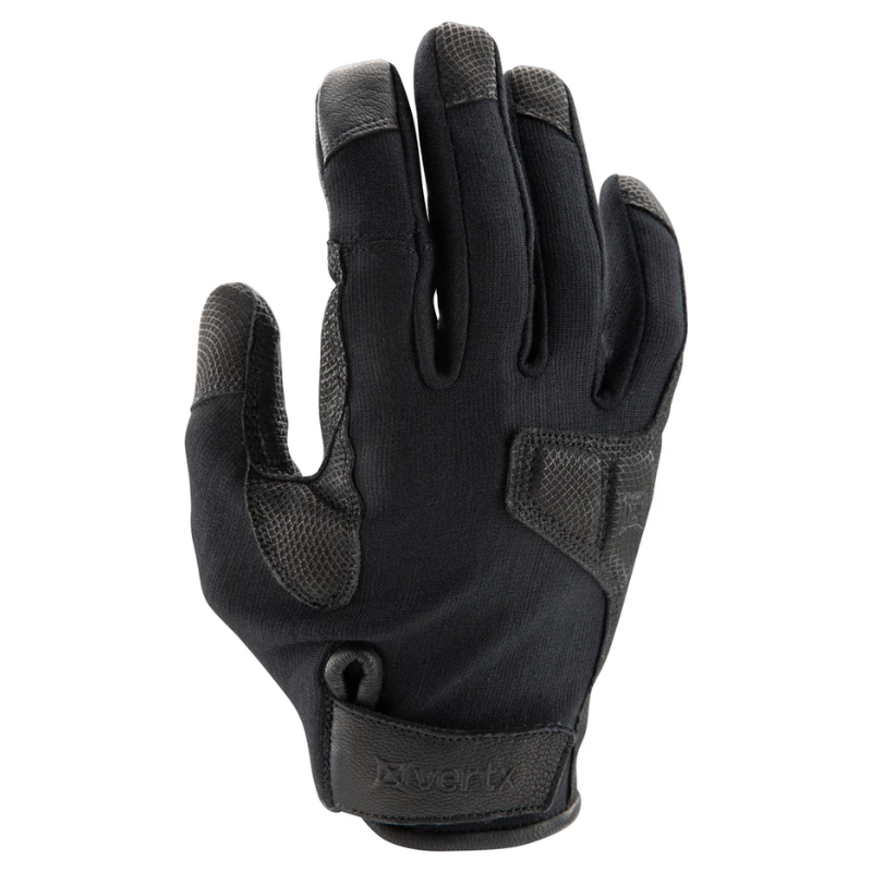 A single black tactical glove shown from the back, featuring textured grip panels on the fingertips and palm, and a Velcro strap closure with a visible Vertx logo, set against a plain white background.
