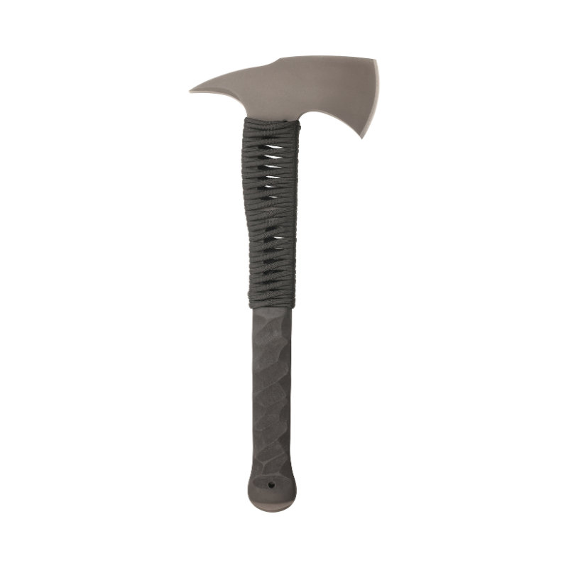 Tomahawk with a gray blade and black handle on a white background