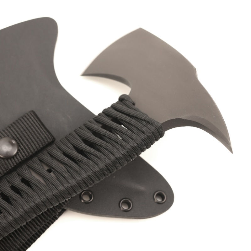 Black tomahawk with sheath on a white background