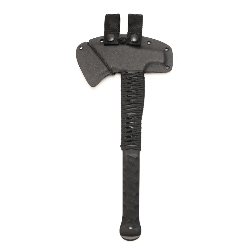 Black axe with a textured handle on a white background