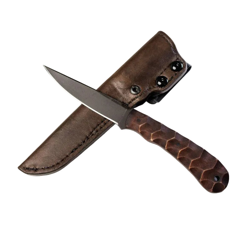Winkler WK Operator Knife maple sculpted version shown with lined Boltaron discreet carry sheath as alternate mounting option