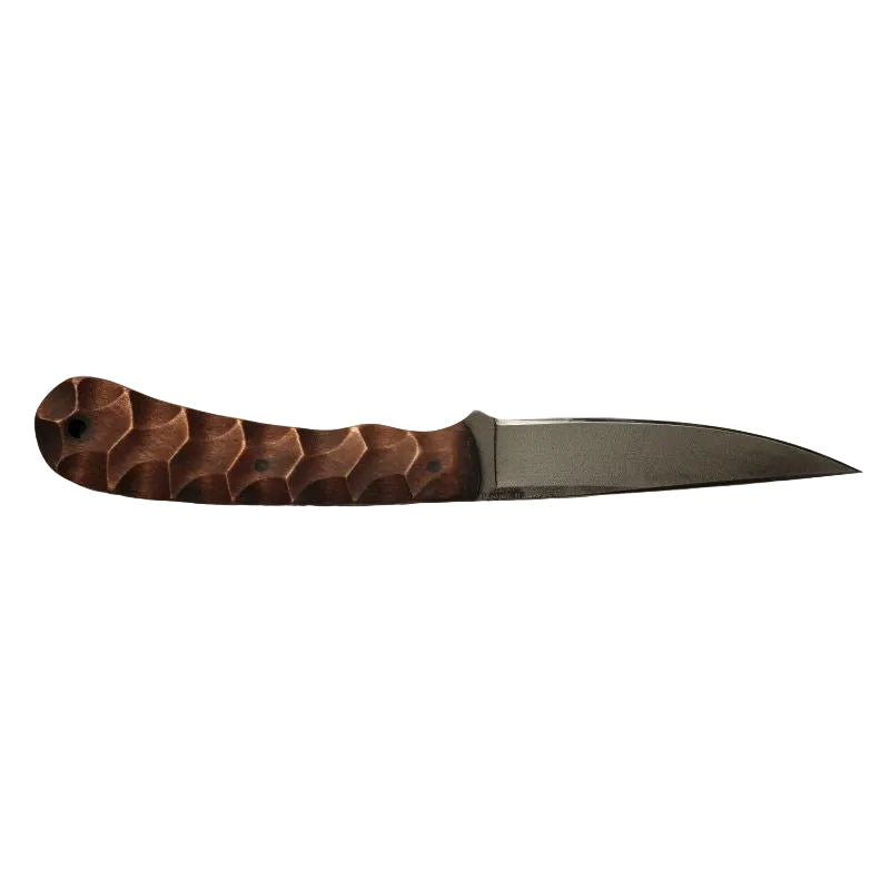 Close up of sculpted maple handle scales on Winkler WK Operator Knife highlighting ergonomic contouring and hardware