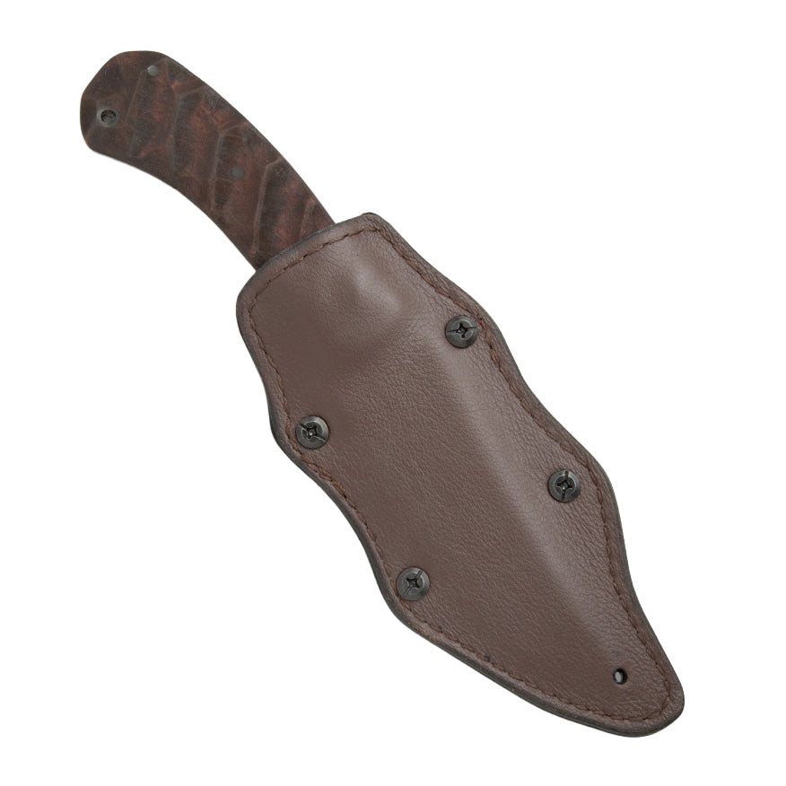 Winkler Belt Knife Walnut Sculpted secured in lined Boltaron sheath with leather cover and Discreet Carry Concepts spring steel clip