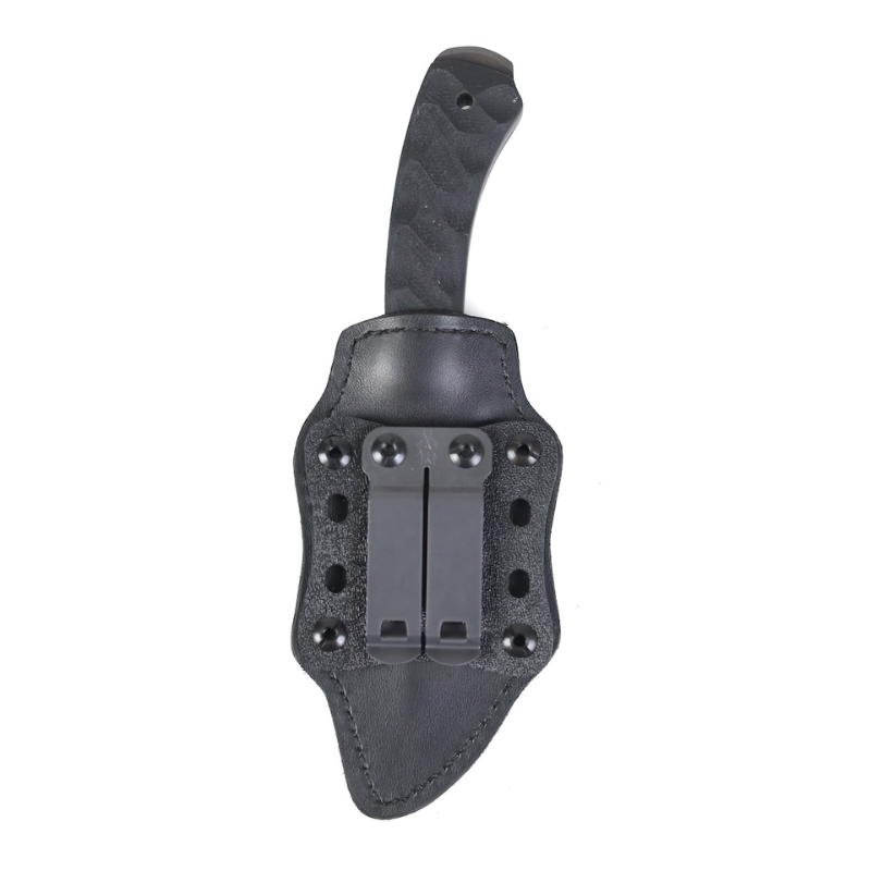 Winkler Blue Ridge Crusher sculpted black laminate version mounted in Boltaron sheath with spring steel belt clip for low profile tactical carry