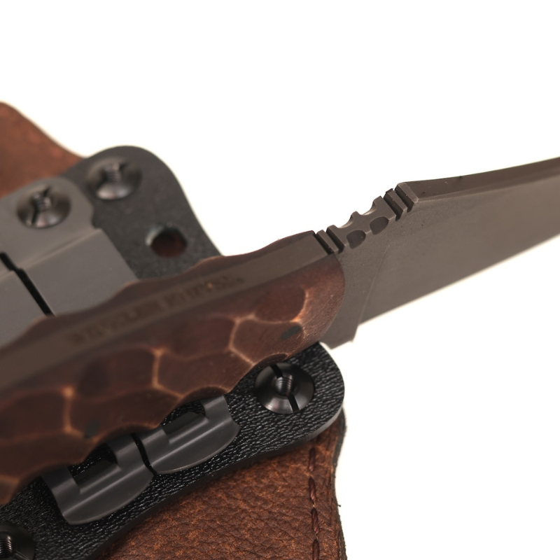 Close up of sculpted maple wood handle scales on Winkler Blue Ridge Crusher tactical fixed blade