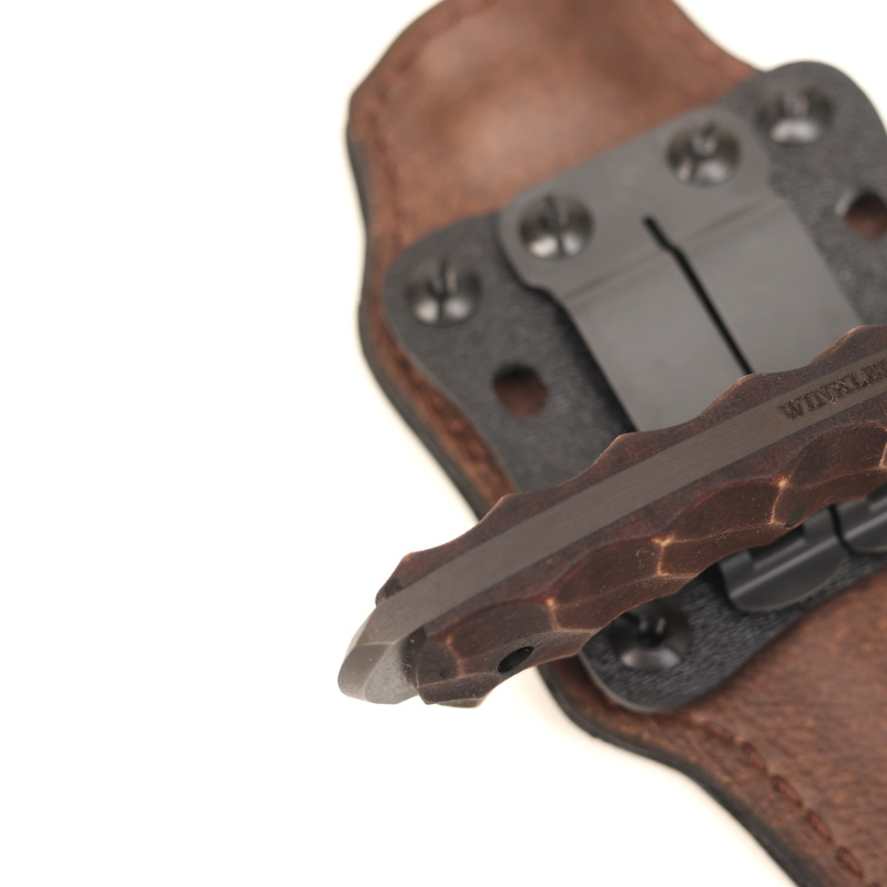 Close up of sculpted maple wood handle scales on Winkler Blue Ridge Crusher tactical fixed blade