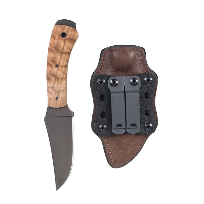 Winkler Blue Ridge Crusher walnut plain handle fixed blade displayed next to leather covered Boltaron sheath with spring steel mounting clip