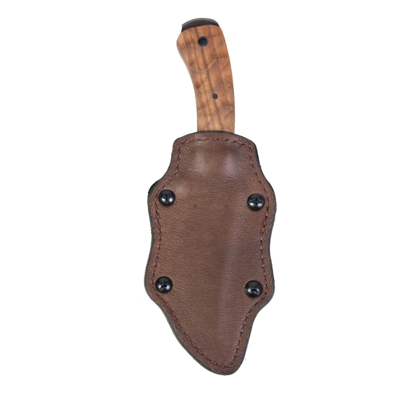 Winkler Blue Ridge Crusher sculpted walnut handle version secured in leather wrapped Boltaron sheath with discreet carry spring steel clip