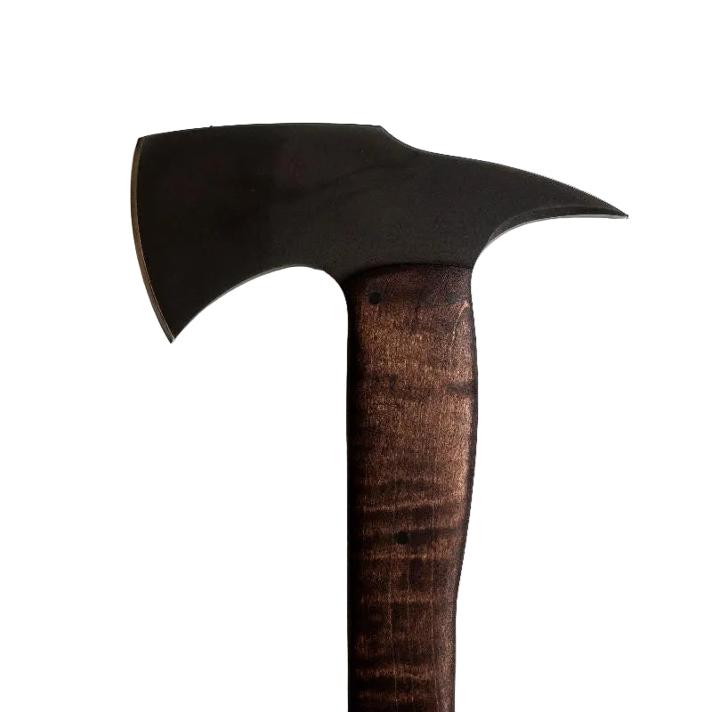 Close up of 80CrV2 steel axe head with black oxide no glare finish on Winkler Combat Axe maple version built for forced entry and field use