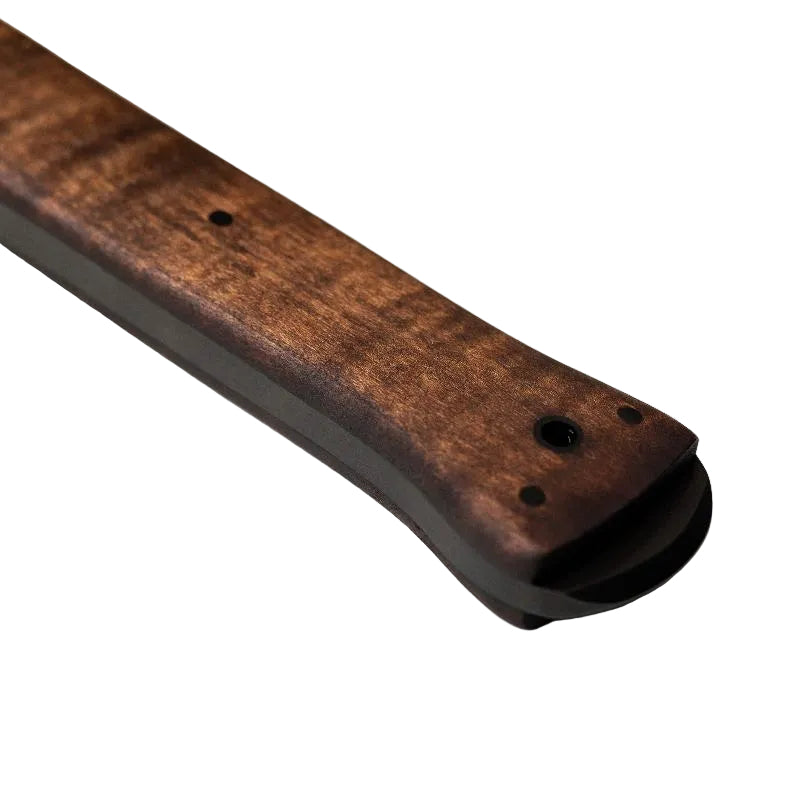 Close up of smooth maple hardwood handle on Winkler Combat Axe showing ergonomic grip contour and precision fit to skeletonized full tang tactical breaching axe