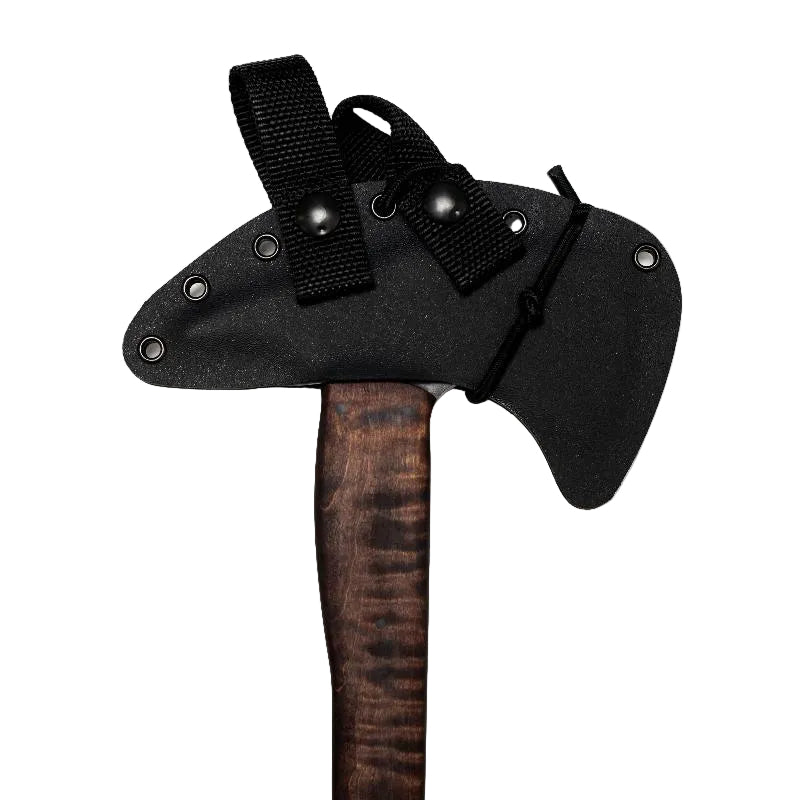 Winkler Combat Axe maple handle secured in lined Boltaron fast draw carrier with HD shockcord quick release retention system