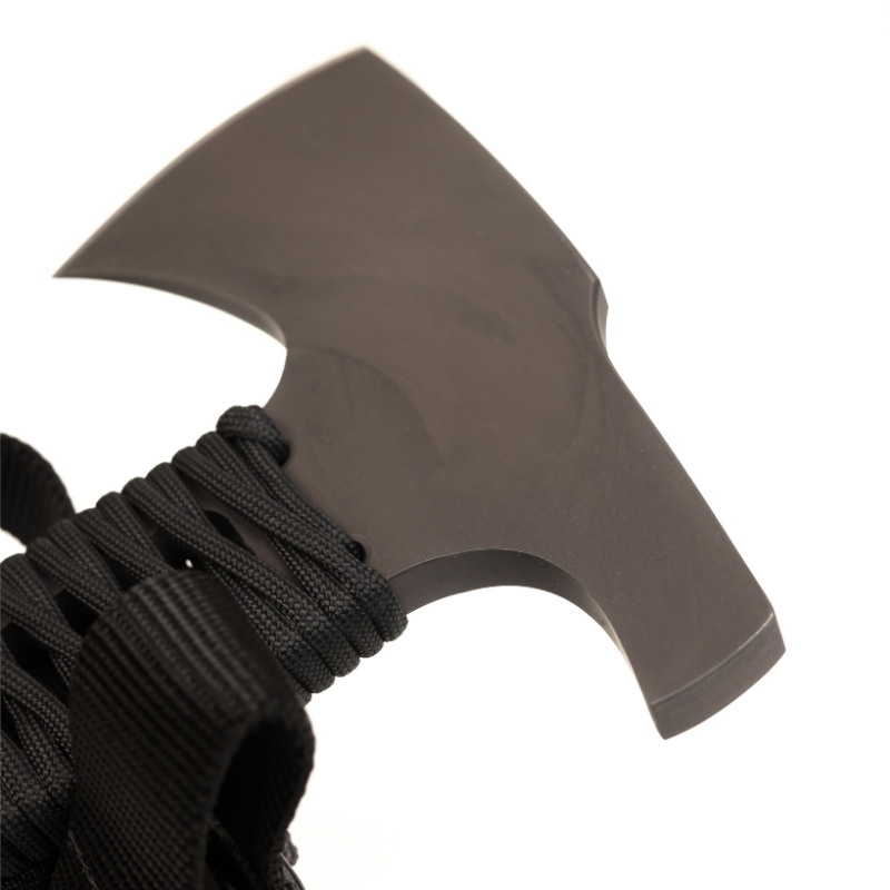 Close up of integrated glass breaker tip on Winkler Hammer Combat Axe maple tactical entry axe
