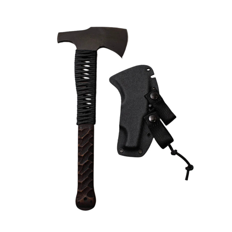 Winkler Hammer Combat Axe maple sculpted handle with cord wrap showing skeletonized full tang and breaching ready hammer poll