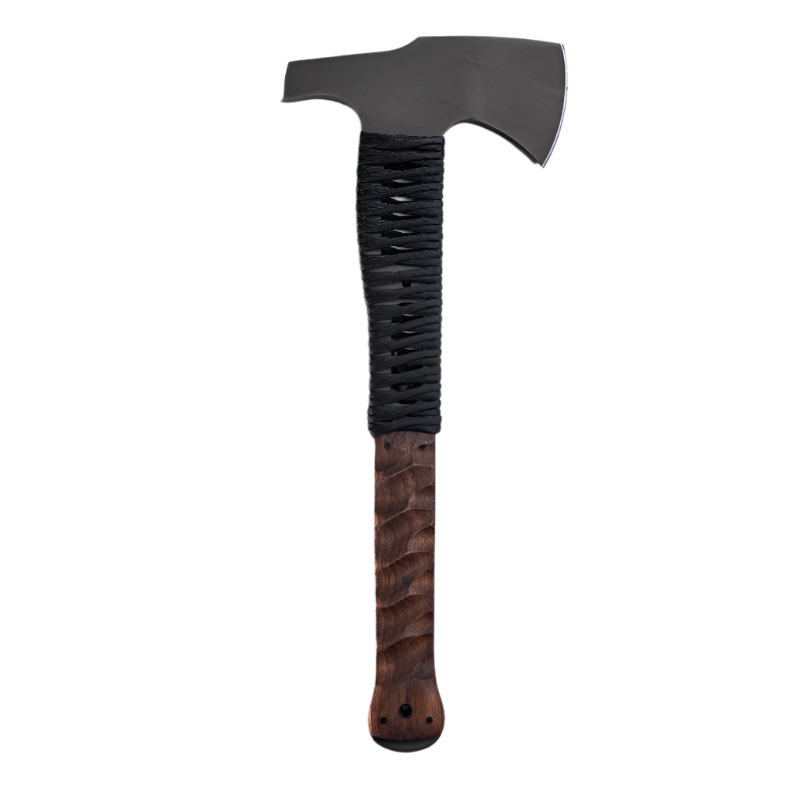 Winkler Hammer Combat Axe walnut sculpted handle with cord wrap for enhanced grip and emergency cord utility in tactical environments