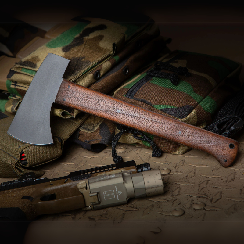 Winkler Highland Hatchet walnut handle version featuring 3/8 inch thick 80CrV2 steel head with hammer poll and wide cutting edge for field and overland use
