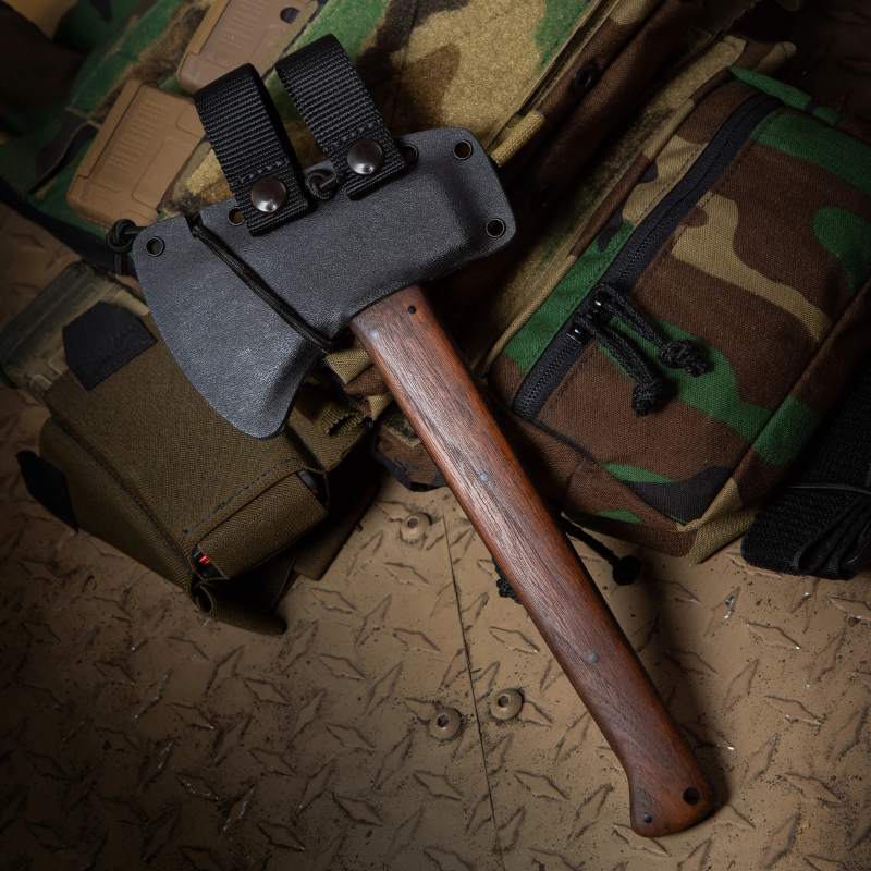 Winkler Highland Hatchet walnut handle secured in lined Kydex quick access sheath for secure retention and rapid field deployment