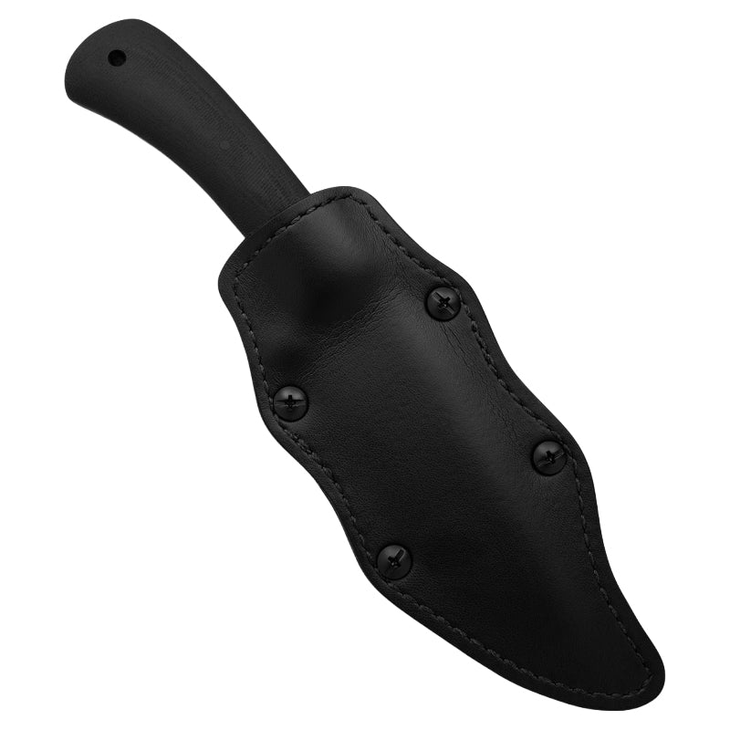 Winkler Highland Hunter black laminate fixed blade secured in Boltaron lined leather sheath with spring steel clip