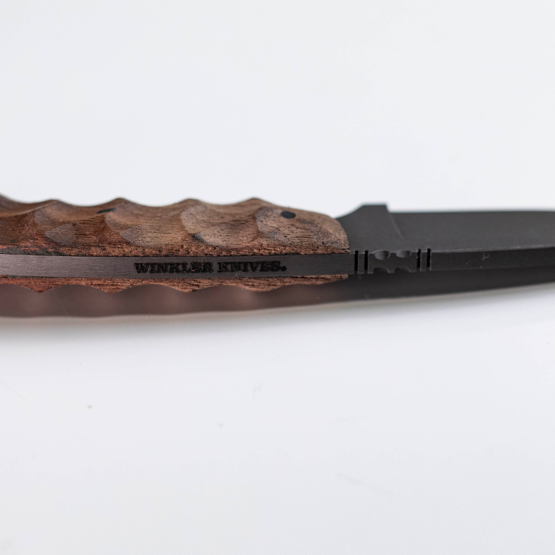 Detail of 3/16 inch thick 80CrV2 steel blade on Winkler Huntsman walnut EDC hunting knife