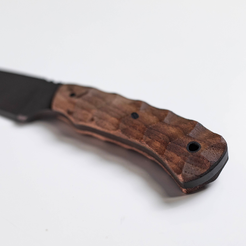 Close up of walnut handle scales on Winkler Huntsman knife showing natural wood grain and precision fit to tapered tang