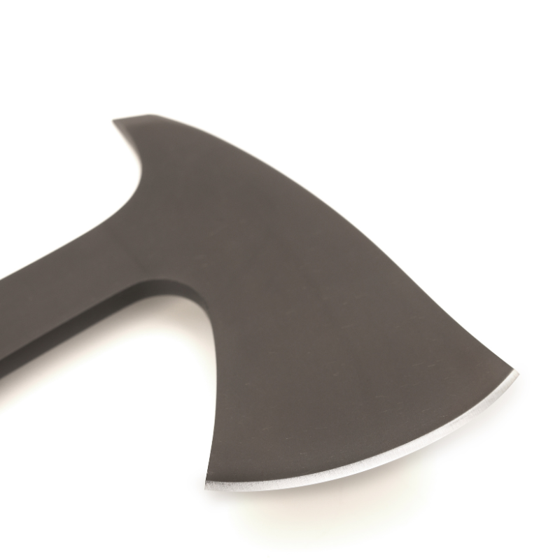 Close up of black oxide 80CrV2 steel cutting edge on Winkler Ridge Line Hatchet black laminate version built for aggressive chopping performance