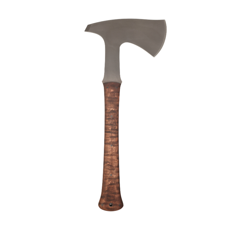 Winkler Knives Ridge Line Hatchet with maple handle scales and 80CrV2 black oxide steel head featuring widened 3 inch cutting edge and rear breaching spike