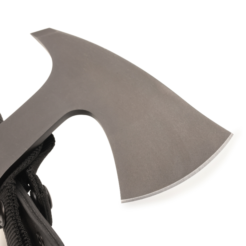 Close detail of widened 3 inch cutting edge on Winkler Ridge Line Hatchet walnut version built for high performance chopping and survival use