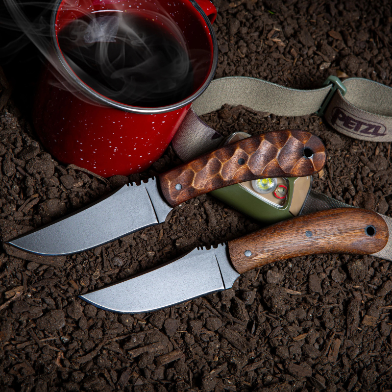 Winkler SD1 Standard Duty 1 fixed blade knives in maple plain and maple sculpted handle versions displayed side by side showing grip contour differences and 3 1/4 inch trailing point 80CrV2 blade design