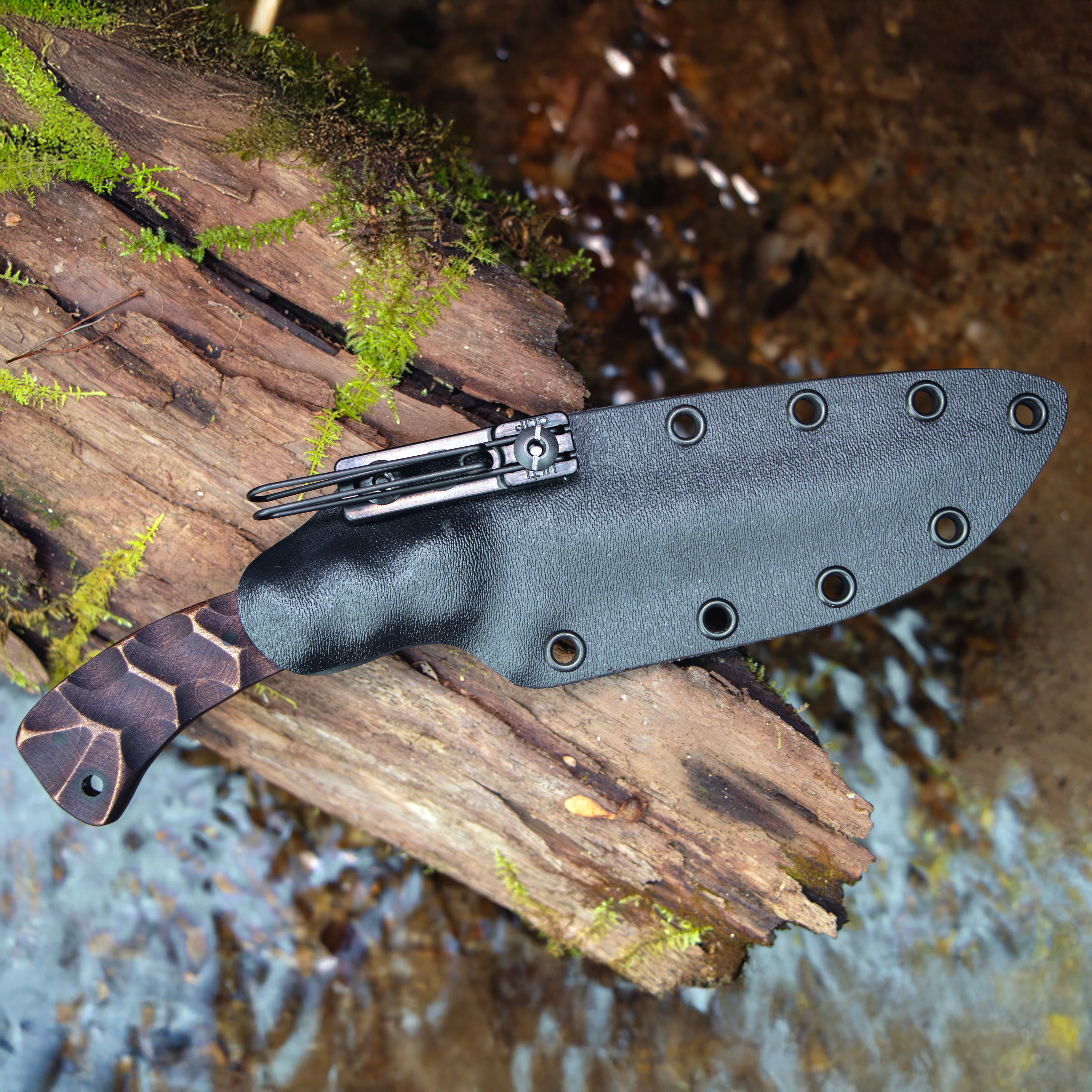 Winkler Shadow Strike sculpted maple handle version seated in Boltaron sheath with Ulti Clip mounting system for secure concealed carry