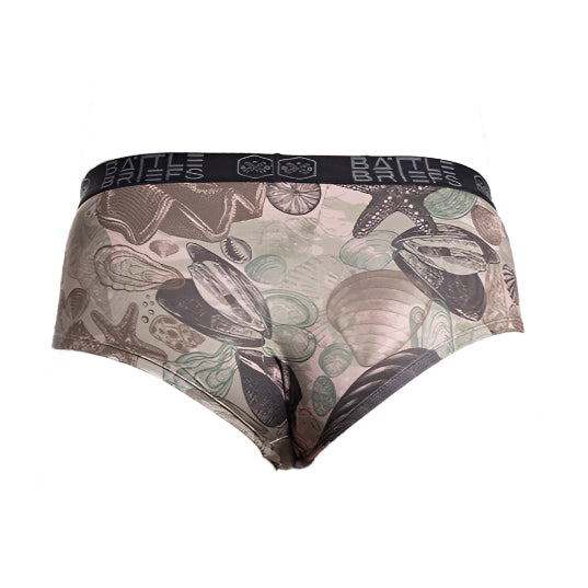 Back view of the Multi-Clam Camo Women’s Battle Briefs featuring oyster shell camo and a cheeky athletic fit, built with stretch fabric for breathable, all-day performance.