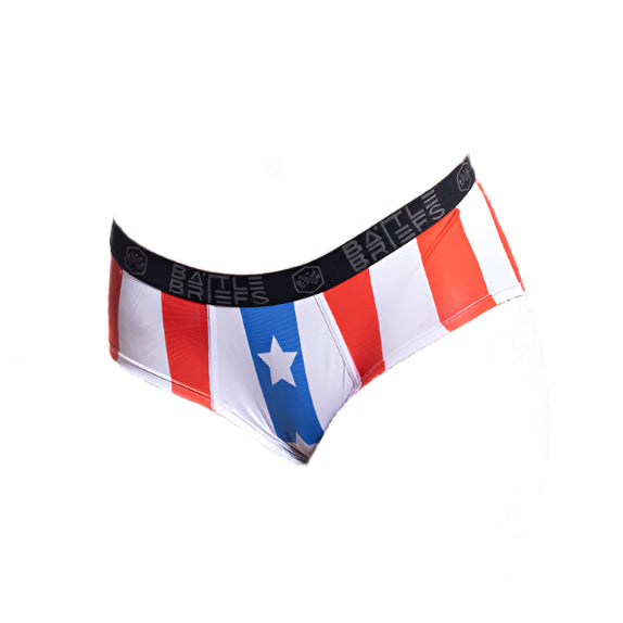 Red, white, and blue Apollo edition of Women’s Battle Briefs, featuring a cheeky cut, moisture-wicking 4-way stretch fabric, and no-ride performance fit for active wear.