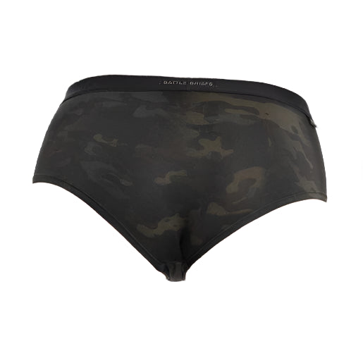 Back view of the MultiCam Black Women’s Battle Briefs showcasing the cheeky cut and streamlined camo design, built with moisture-wicking stretch fabric for active, all-day performance.