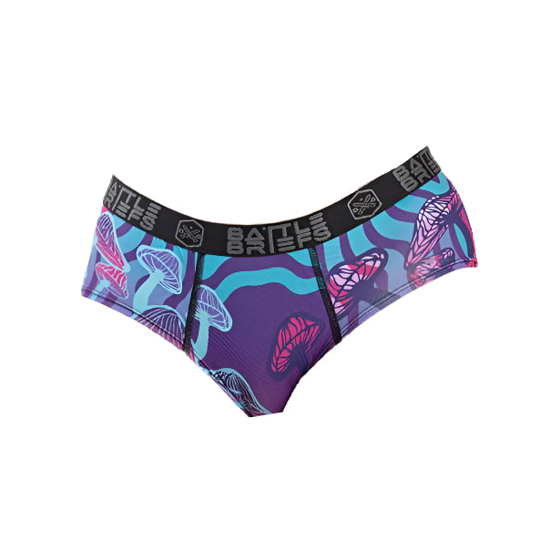 Front view of the Mushroom Trippy Women’s Battle Briefs featuring colorful psychedelic mushroom graphics, designed with a no-ride fit and moisture-wicking stretch fabric for active performance.