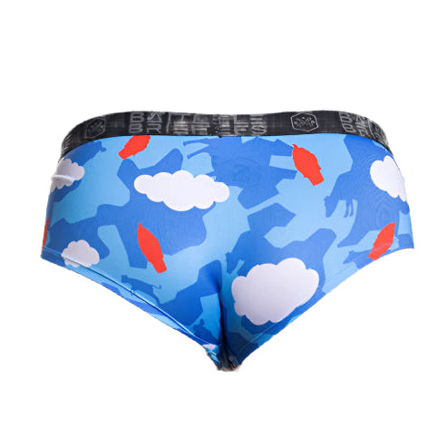 Back view of the Red White and Moo Women’s Battle Briefs featuring cheeky cow-print styling with patriotic flair, designed as performance underwear with breathable stretch and no-ride comfort.
