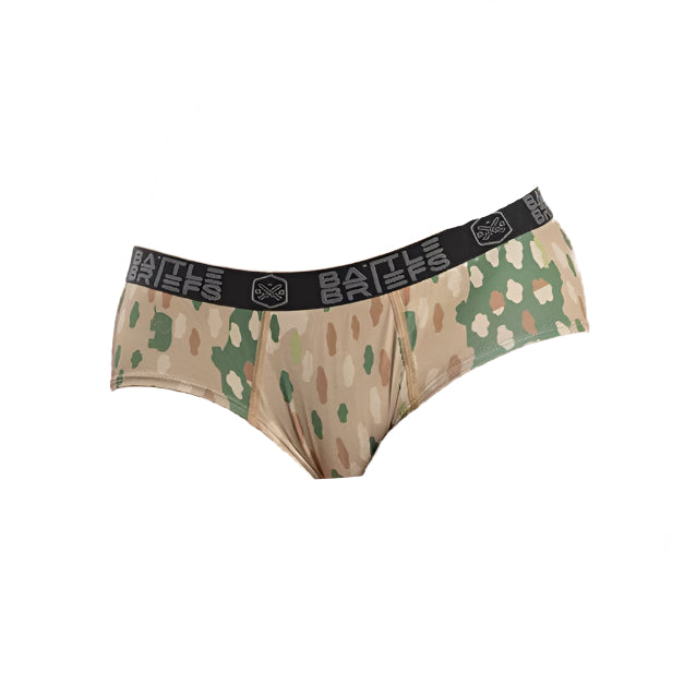 Front view of the Safari Women’s Battle Briefs featuring bold animal print graphics and a no-ride fit, designed with moisture-wicking stretch fabric for all-day athletic performance.