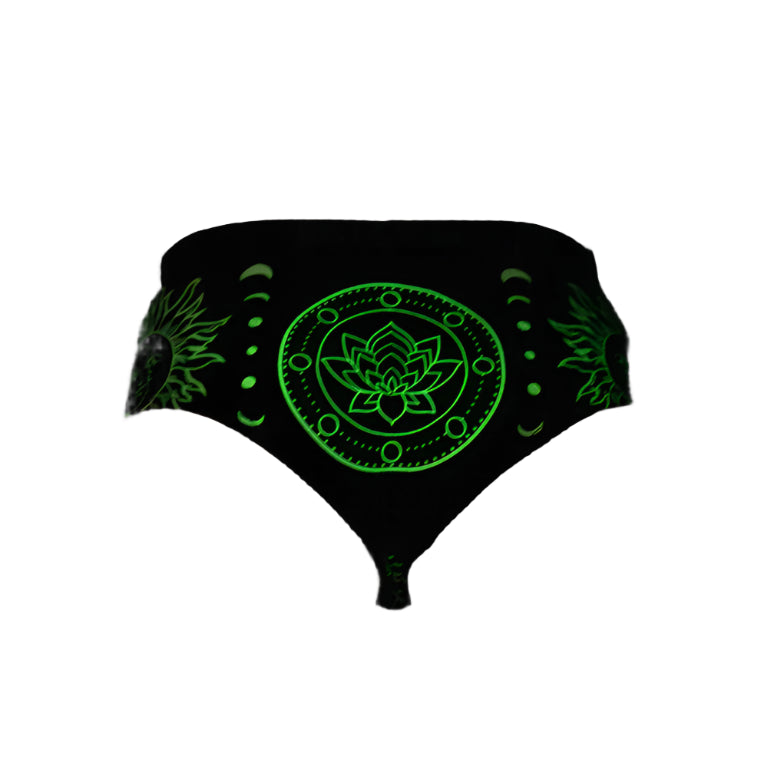 Back view of the glow-in-the-dark Tarot edition Women’s Battle Briefs, highlighting the cheeky fit and illuminated graphic details, built for performance with stretch and moisture-wicking comfort.