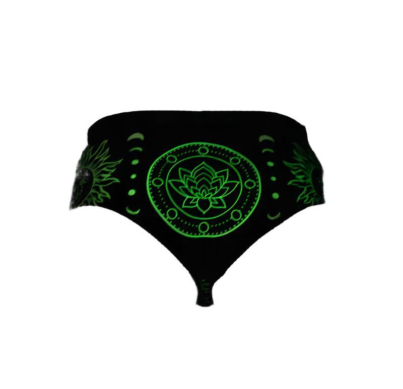 Back view of the glow-in-the-dark Tarot edition Women’s Battle Briefs, highlighting the cheeky fit and illuminated graphic details, built for performance with stretch and moisture-wicking comfort.