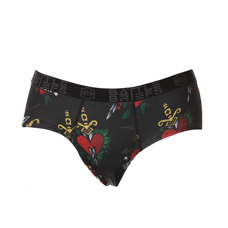 Tattoo Heart edition of Women’s Battle Briefs featuring vintage-inspired tattoo flash designs, crafted as athletic underwear with moisture-wicking fabric and a cheeky, no-ride fit.