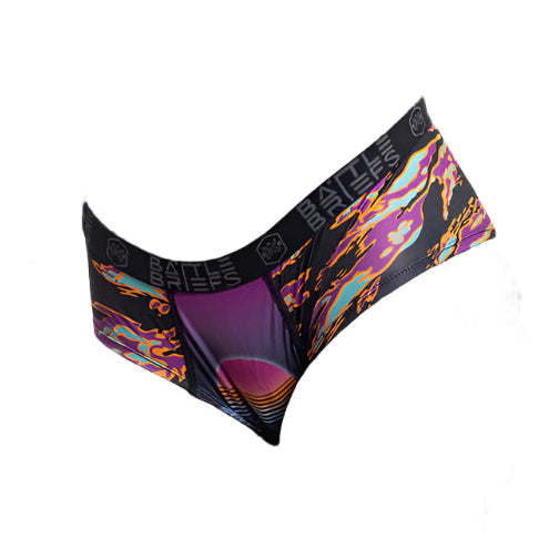 Vaporwave edition of Women’s Battle Briefs featuring retro 80s/90s-inspired graphics, made with 4-way stretch, quick-dry fabric, and a cheeky, no-ride performance fit.