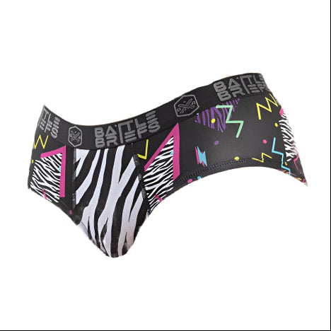 Front view of the Wild Thing Women’s Battle Briefs featuring 90s-inspired zebra and squiggle patterns, crafted with 4-way stretch, no-ride design, and moisture-wicking performance fabric.