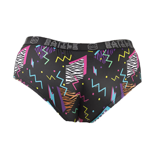 Back view of the Wild Thing Women’s Battle Briefs featuring a cheeky athletic cut and bold 90s-style zebra and squiggle print, built with breathable, stretch performance fabric for all-day movement.