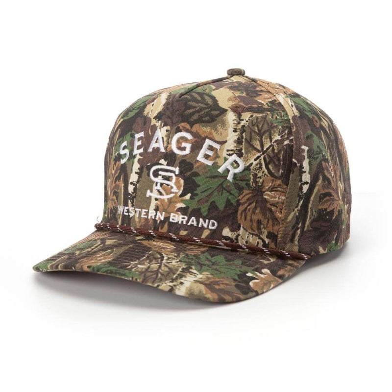 Camouflage snapback cap with 'Seager' logo on a white background