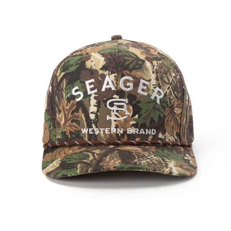 Camouflage snapback cap with 'Seager' logo on a white background