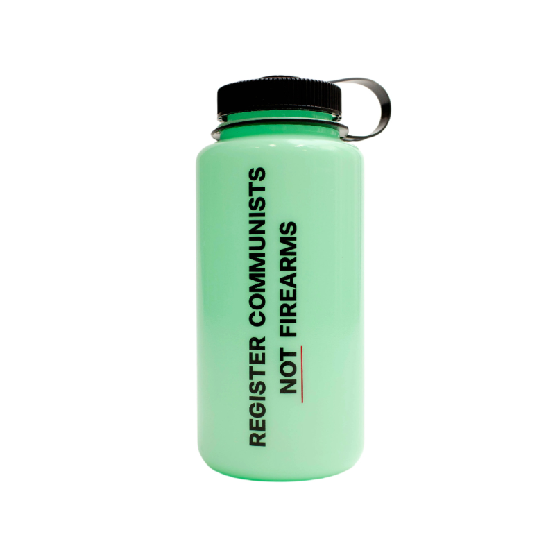Glow in the dark water bottle with black text on a white background